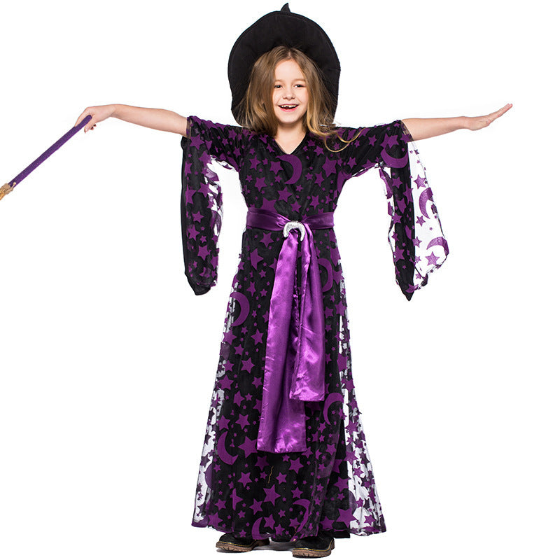 Girls witch Halloween costume with black and purple star and moon print dress, satin sash and pointed hat - view 4