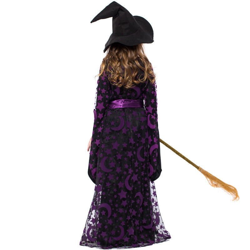 Girls witch Halloween costume with black and purple star and moon print dress, satin sash and pointed hat - view 5