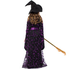 Girls witch Halloween costume with black and purple star and moon print dress, satin sash and pointed hat - view 5