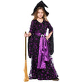Girls witch Halloween costume with black and purple star and moon print dress, satin sash and pointed hat - view 6