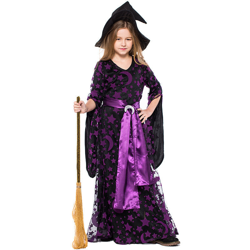 Girls witch Halloween costume with black and purple star and moon print dress, satin sash and pointed hat - view 6