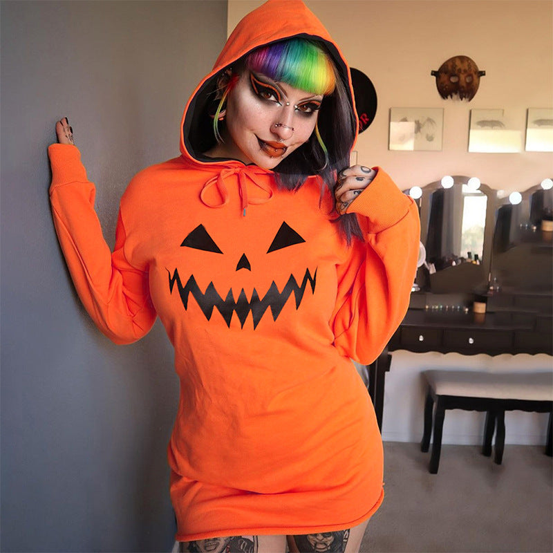 Orange hoodie dress with black jack-o'-lantern face print