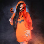 Orange hoodie dress with black jack-o'-lantern face print - view 2