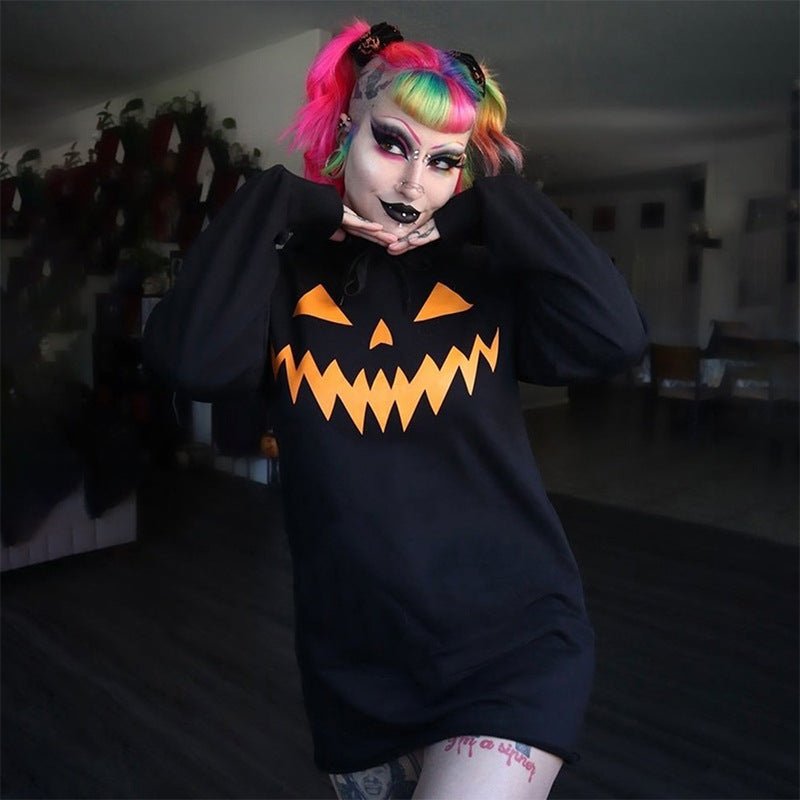 Orange hoodie dress with black jack-o'-lantern face print - view 3