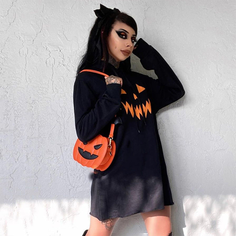 Orange hoodie dress with black jack-o'-lantern face print - view 6