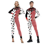 Clown Halloween costume jumpsuit with polka dot and stripe print, ruffle collar and pom-poms