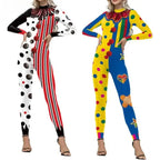 Clown Halloween costume jumpsuit with polka dot and stripe print, ruffle collar and pom-poms - view 2