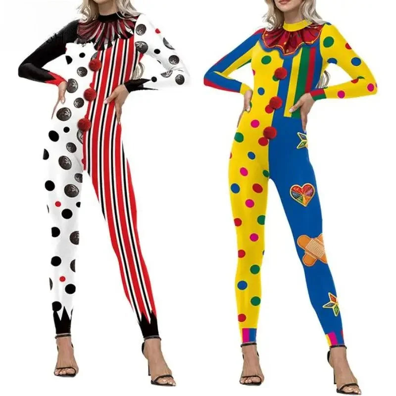 Clown Halloween costume jumpsuit with polka dot and stripe print, ruffle collar and pom-poms - view 2
