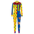 Clown Halloween costume jumpsuit with polka dot and stripe print, ruffle collar and pom-poms - view 4