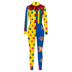 Clown Halloween costume jumpsuit with polka dot and stripe print, ruffle collar and pom-poms - view 4