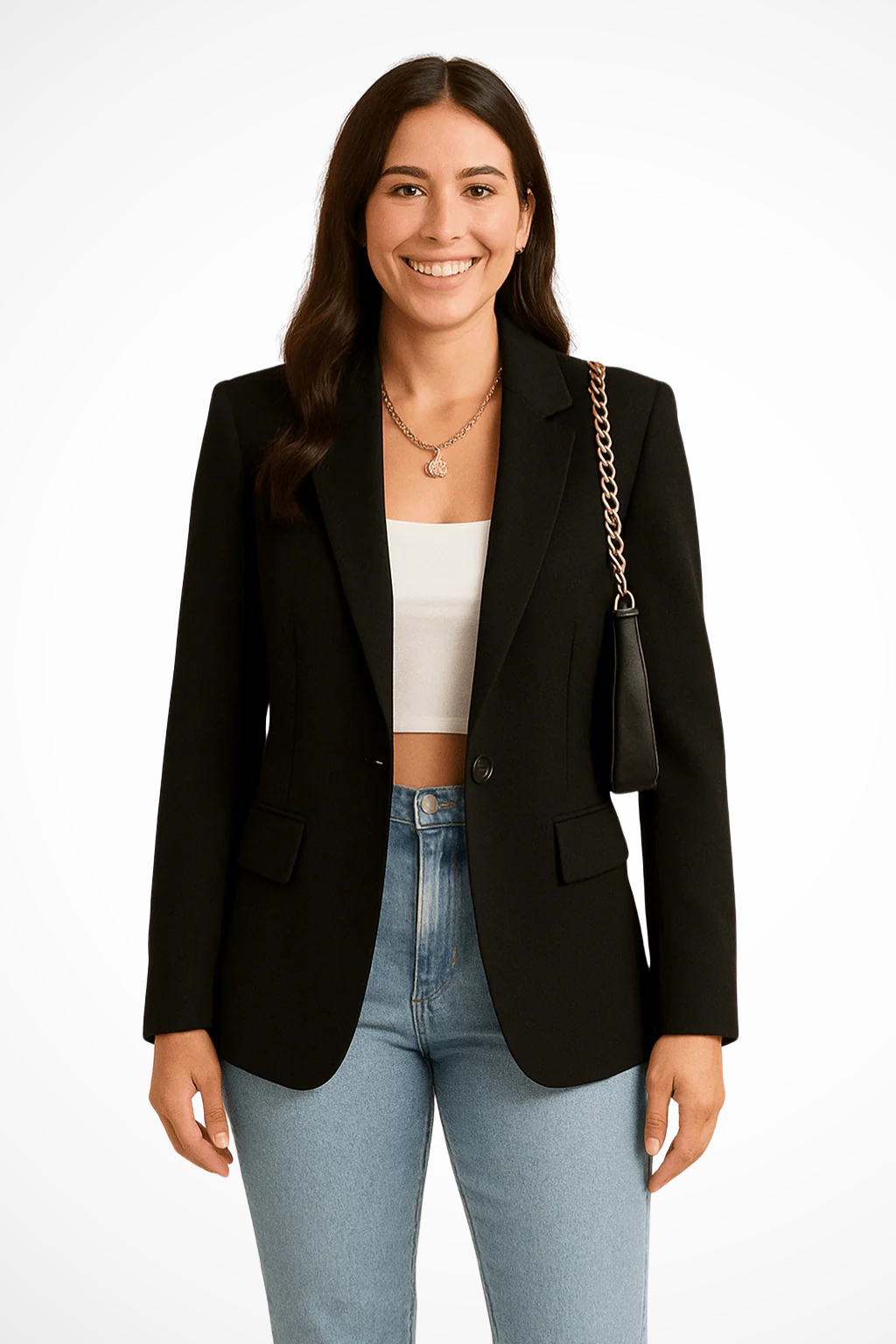 Women's tailored single-button blazer with notch lapels and flap pockets worn with jeans