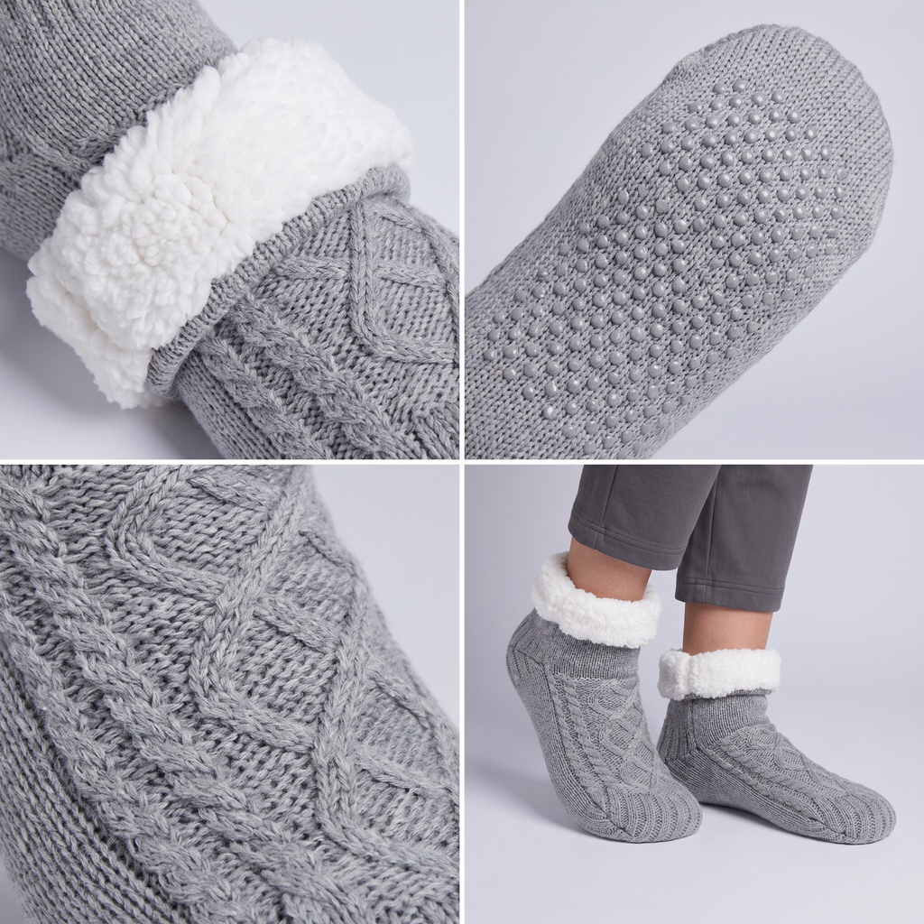 Fleece-lined cable knit slippers for women with plush fold-over cuff - view 10