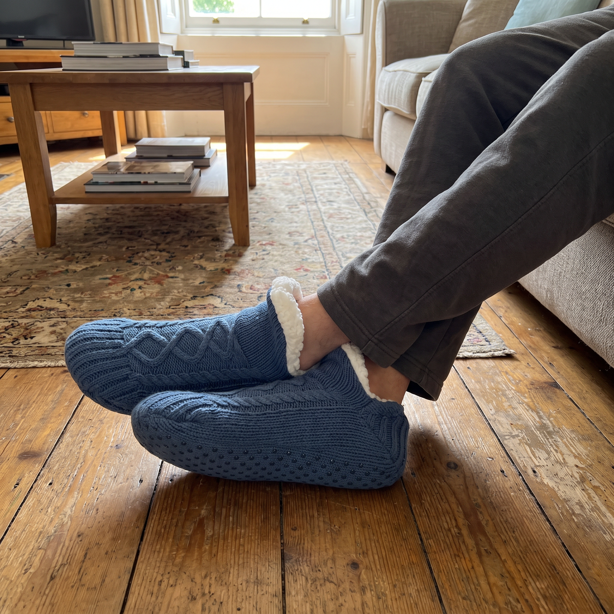 Fleece-lined cable knit slippers for women with plush fold-over cuff - view 2