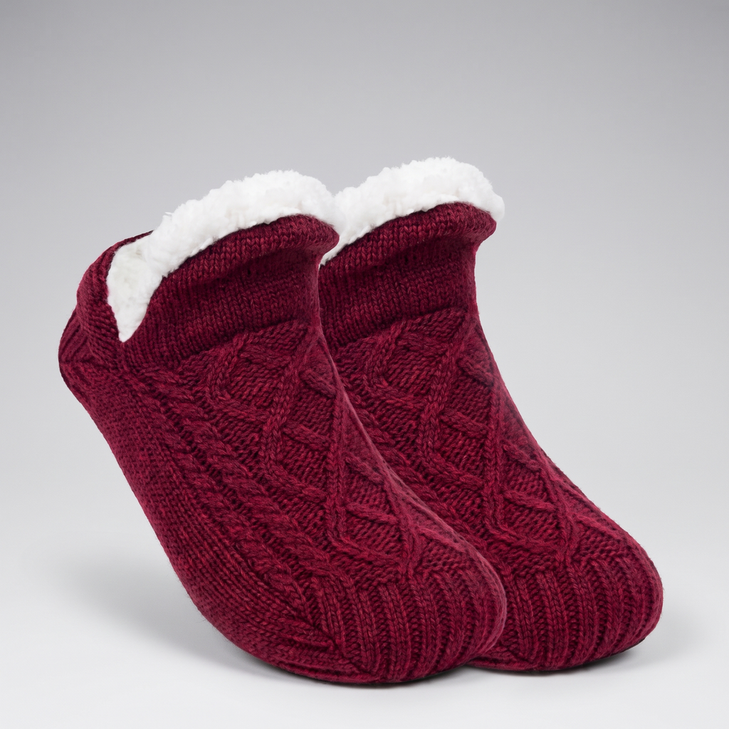 Fleece-lined cable knit slippers for women with plush fold-over cuff - view 3
