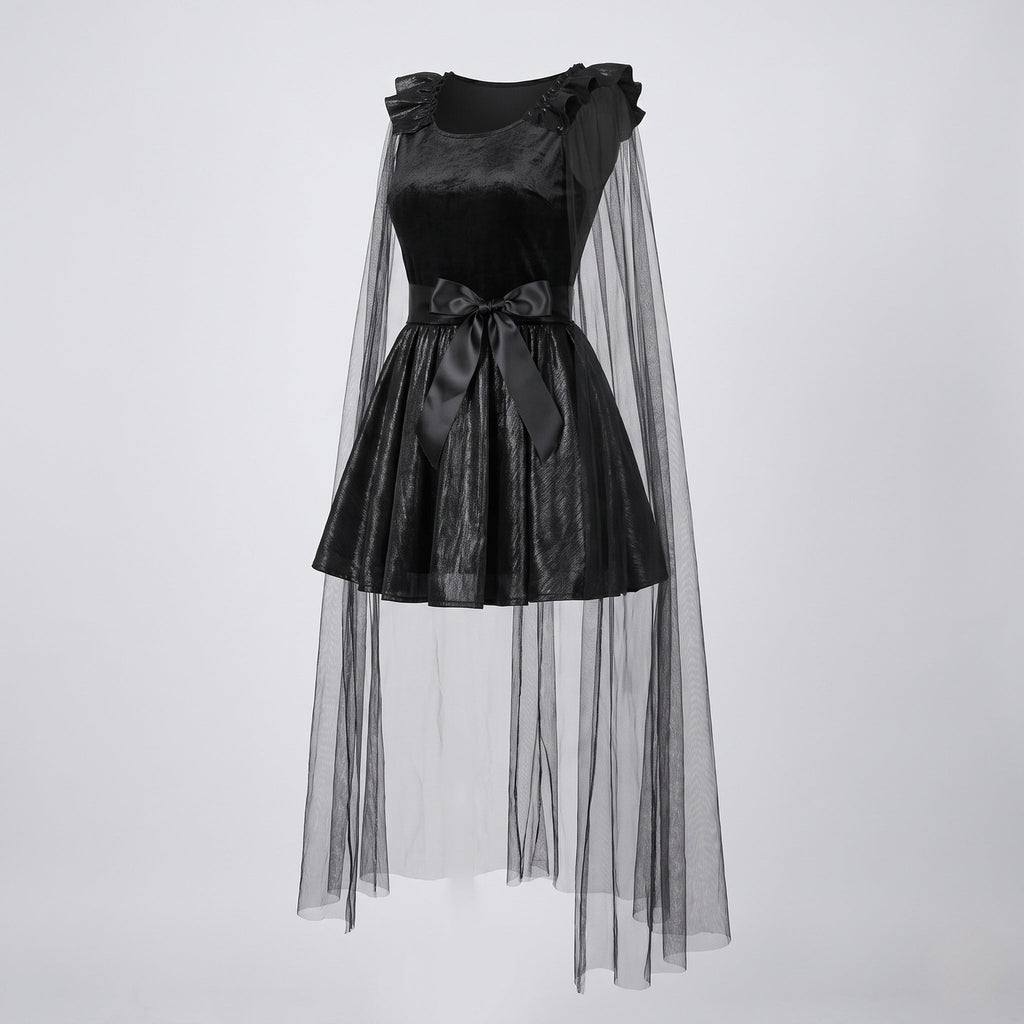 Women's black Halloween costume dress with sheer tulle cape, ruffled shoulders and satin bow sash - view 4