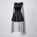 Women's black Halloween costume dress with sheer tulle cape, ruffled shoulders and satin bow sash - view 4