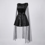 Women's black Halloween costume dress with sheer tulle cape, ruffled shoulders and satin bow sash - view 4