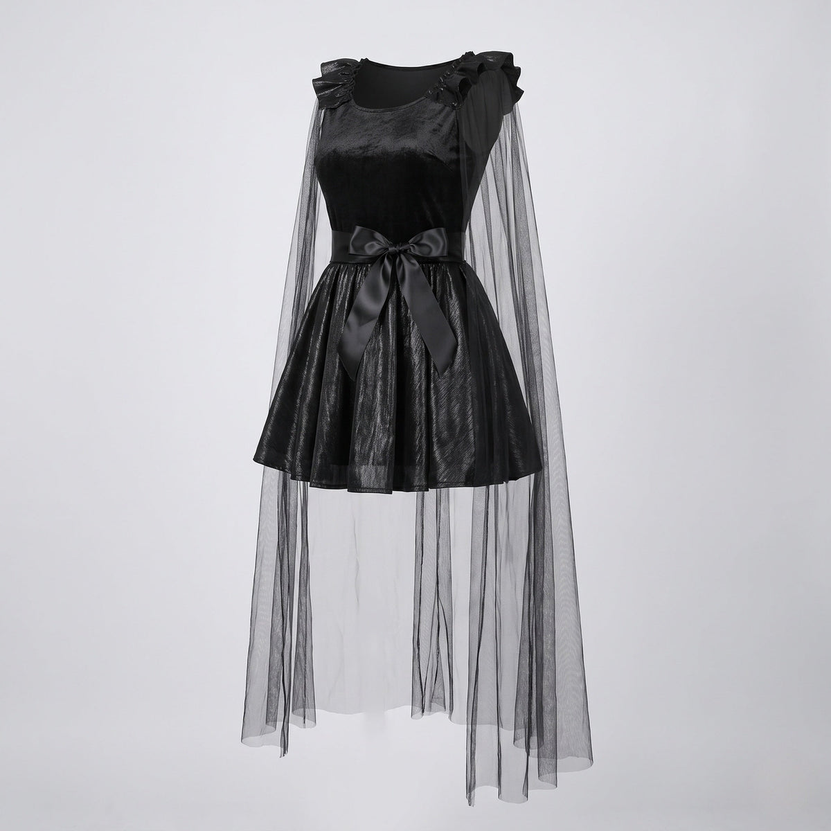 Women's black Halloween costume dress with sheer tulle cape, ruffled shoulders and satin bow sash - view 4