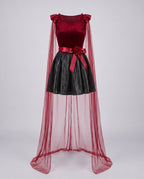 Women's black Halloween costume dress with sheer tulle cape, ruffled shoulders and satin bow sash - view 5