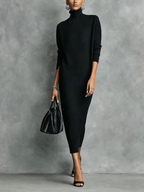 Black knit turtleneck winter midi dress with long sleeves