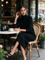 Black knit turtleneck winter midi dress with long sleeves - view 2