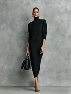 Black knit turtleneck winter midi dress with long sleeves - view 3