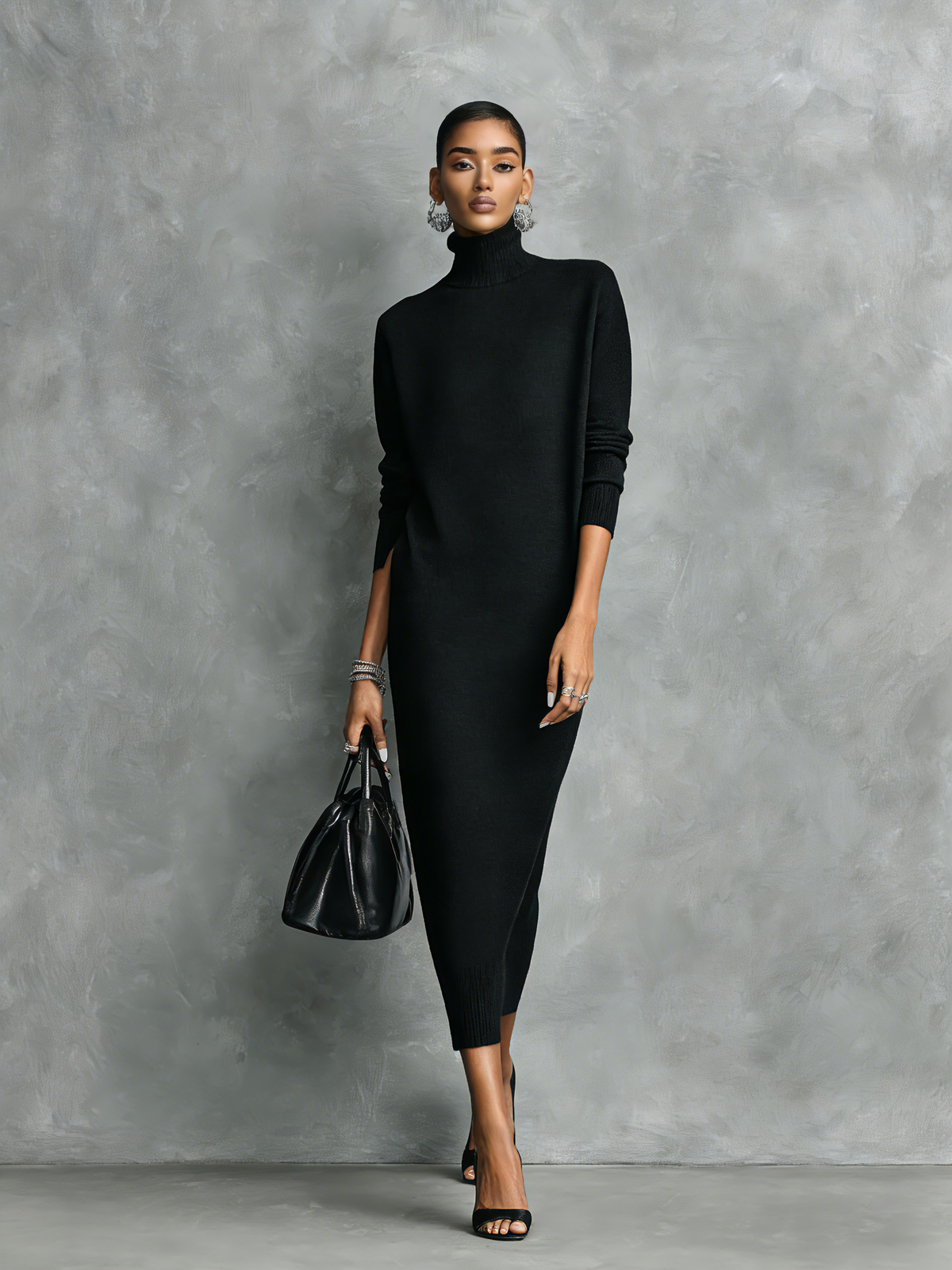 Black knit turtleneck winter midi dress with long sleeves - view 3