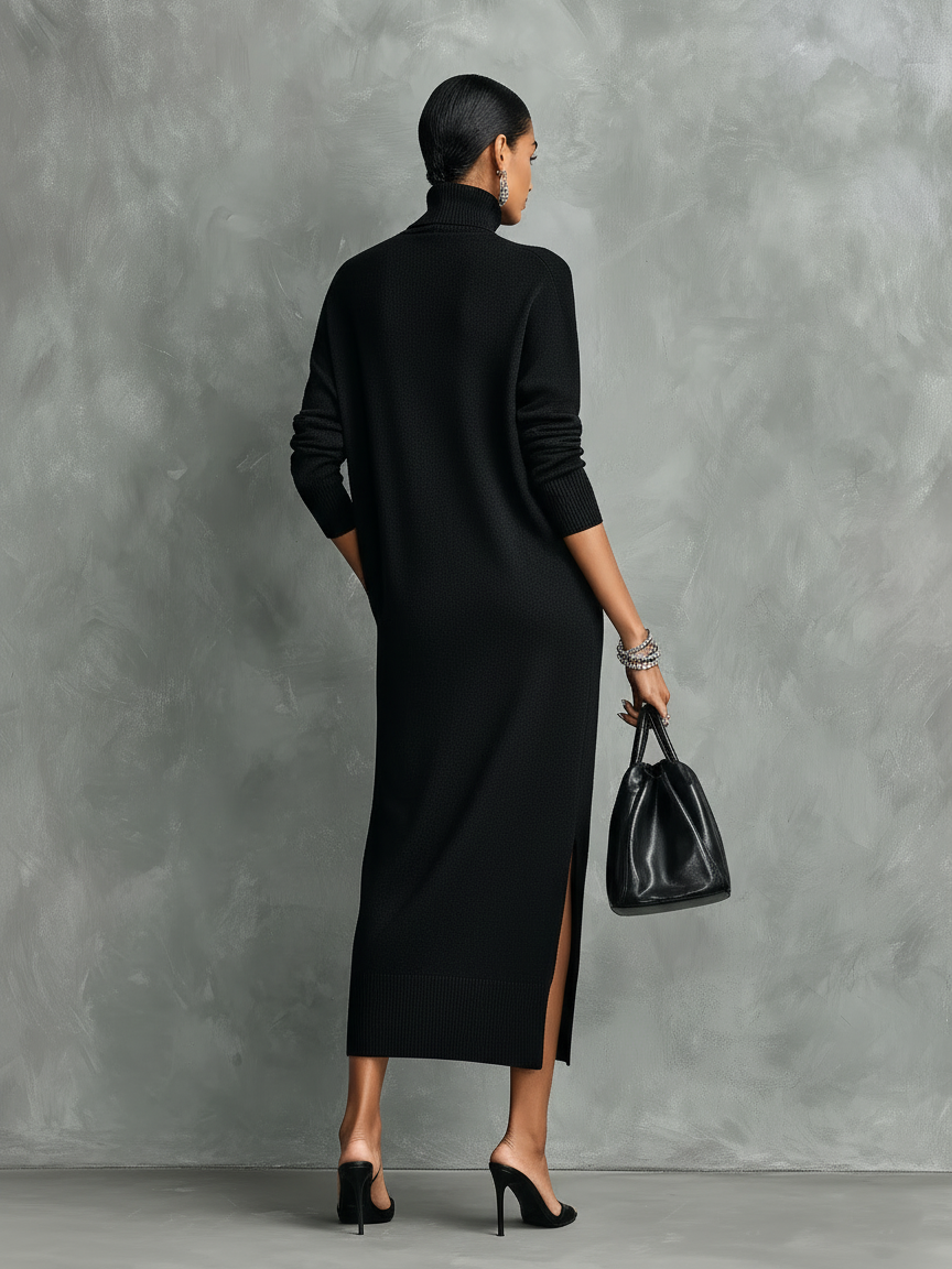 Black knit turtleneck winter midi dress with long sleeves - view 4