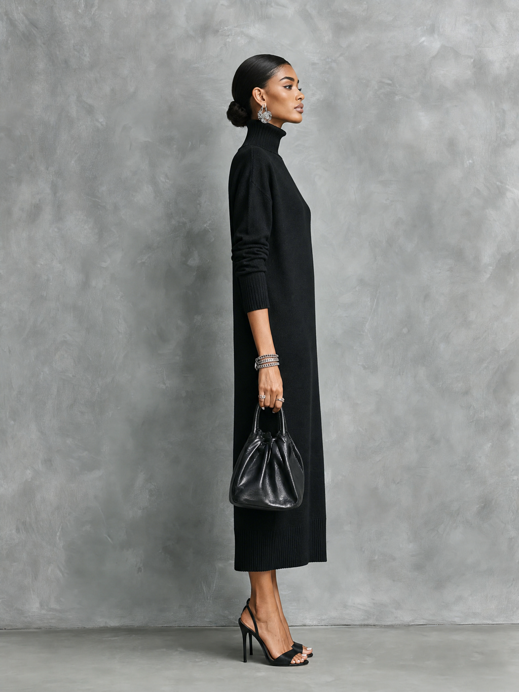 Black knit turtleneck winter midi dress with long sleeves - view 5