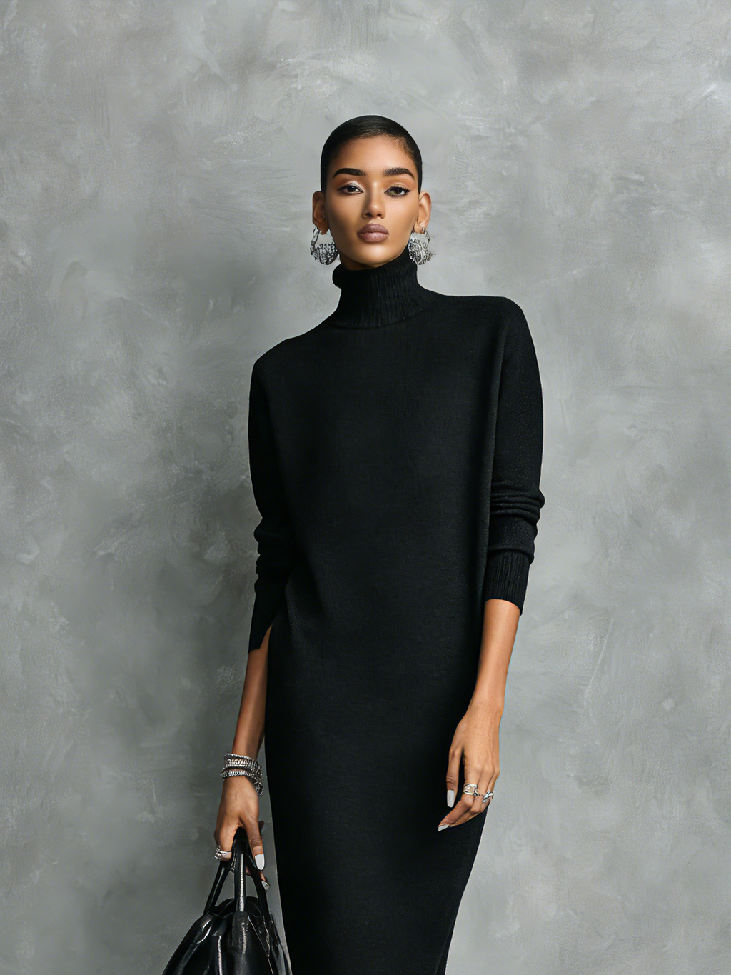 Black knit turtleneck winter midi dress with long sleeves - view 8