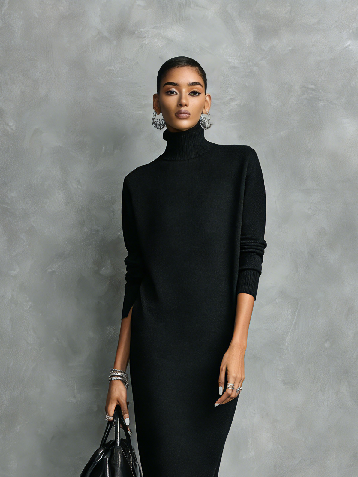 Black knit turtleneck winter midi dress with long sleeves - view 8
