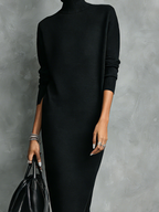 Black knit turtleneck winter midi dress with long sleeves - view 9