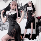 Women's gothic nun Halloween costume, black midi dress with white ruffled collar and lace slit