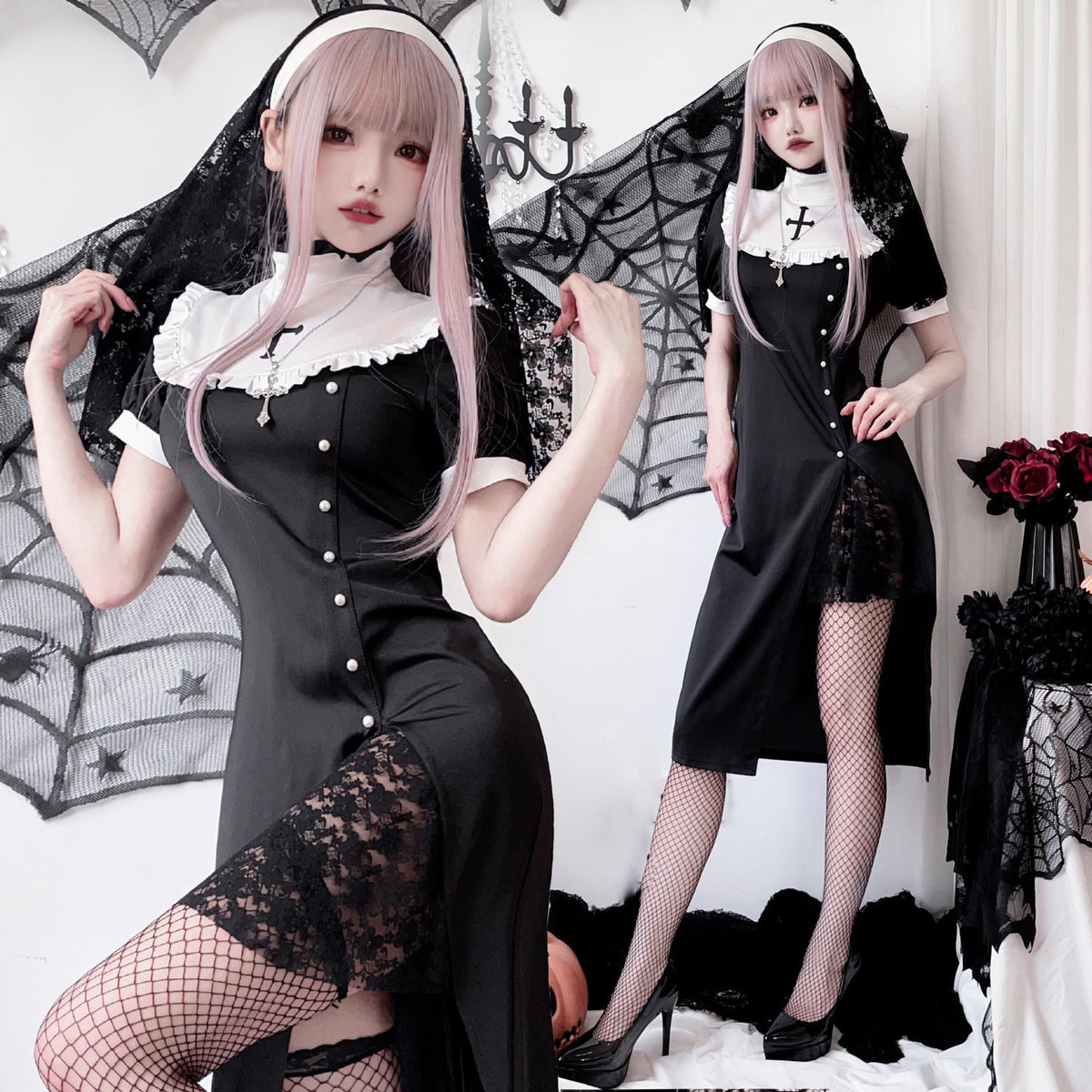 Women's gothic nun Halloween costume, black midi dress with white ruffled collar and lace slit