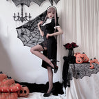 Women's gothic nun Halloween costume, black midi dress with white ruffled collar and lace slit - view 3