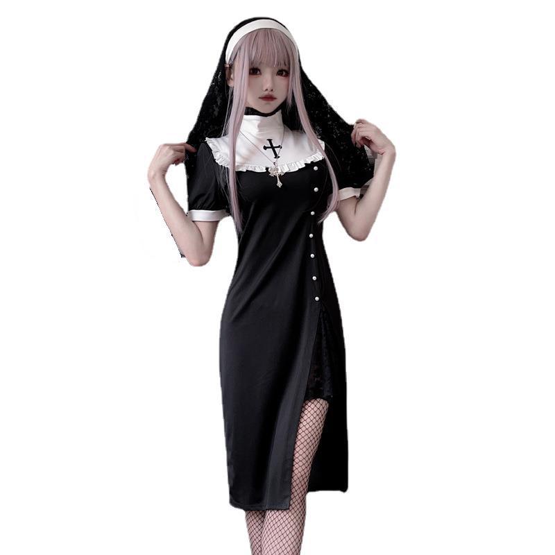 Women's gothic nun Halloween costume, black midi dress with white ruffled collar and lace slit - view 5