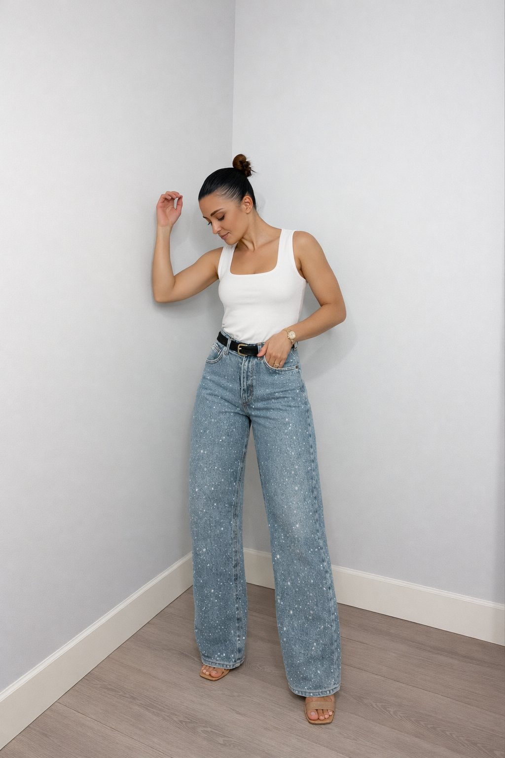 High rise glitter wide leg jeans with straight leg in light blue wash