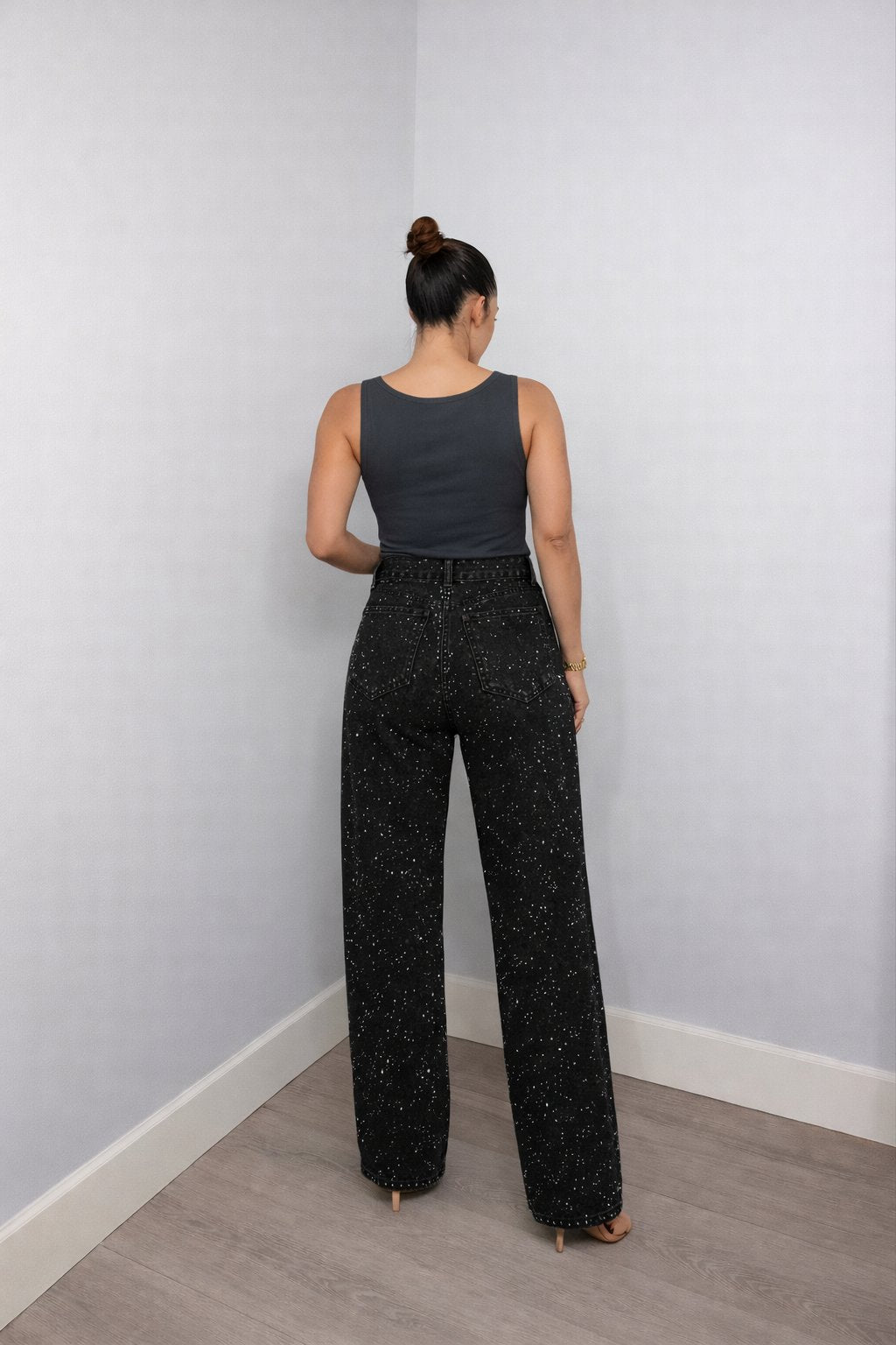 High rise glitter wide leg jeans with straight leg in light blue wash - view 11