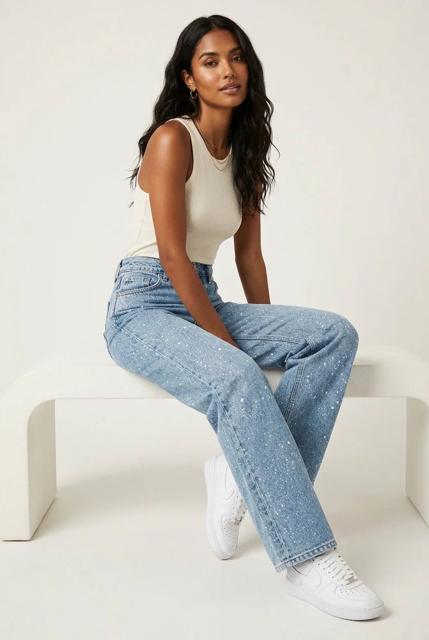 High rise glitter wide leg jeans with straight leg in light blue wash - view 2