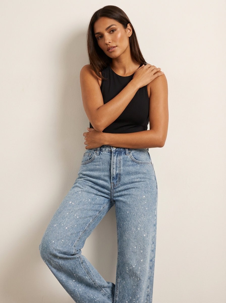 High rise glitter wide leg jeans with straight leg in light blue wash - view 5
