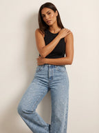 High rise glitter wide leg jeans with straight leg in light blue wash - view 5