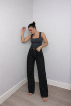 High rise glitter wide leg jeans with straight leg in light blue wash - view 6