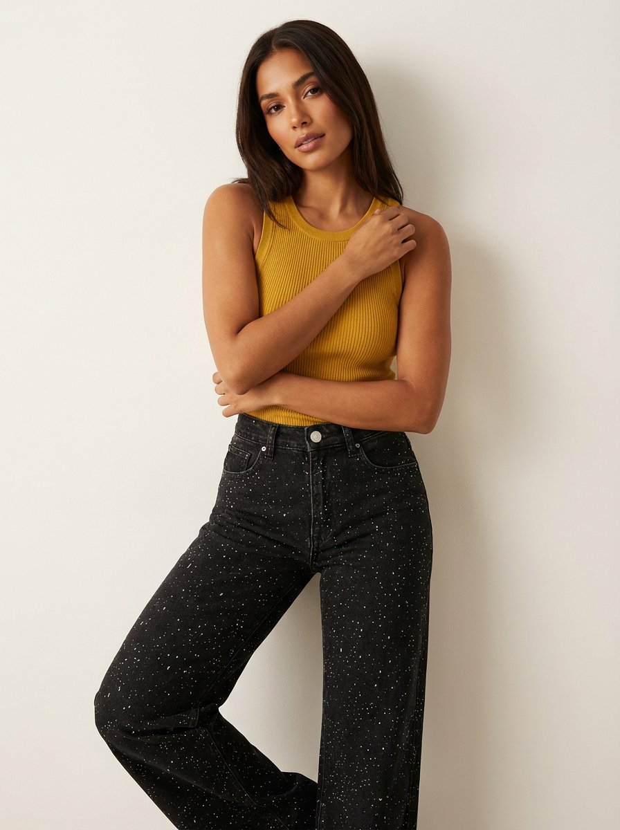 High rise glitter wide leg jeans with straight leg in light blue wash - view 8