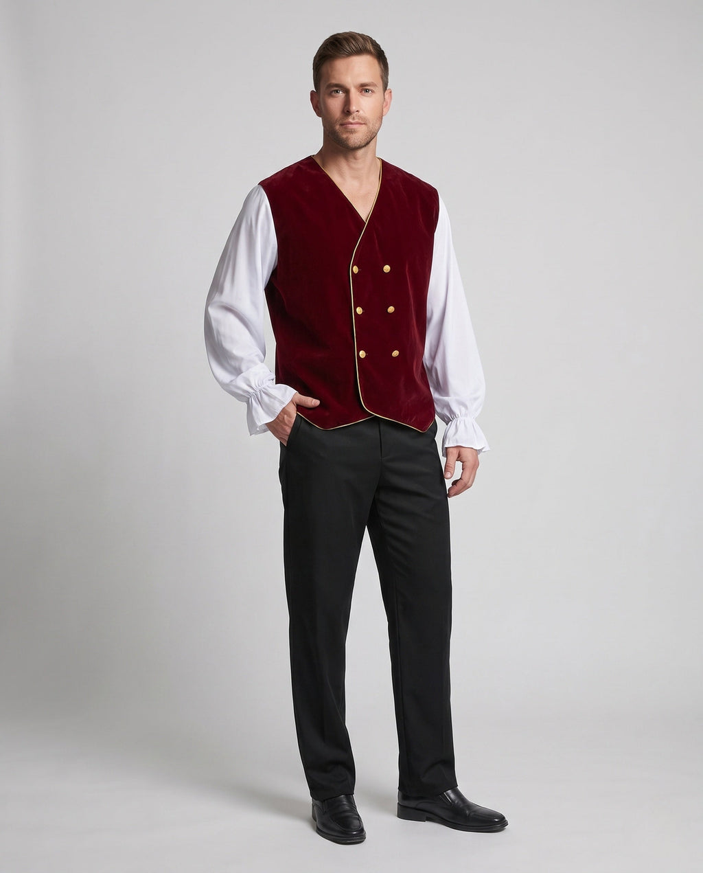 Men's red velvet double-breasted vest costume with gold piping and gold-tone buttons