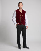 Men's red velvet double-breasted vest costume with gold piping and gold-tone buttons