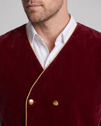 Men's red velvet double-breasted vest costume with gold piping and gold-tone buttons - view 2
