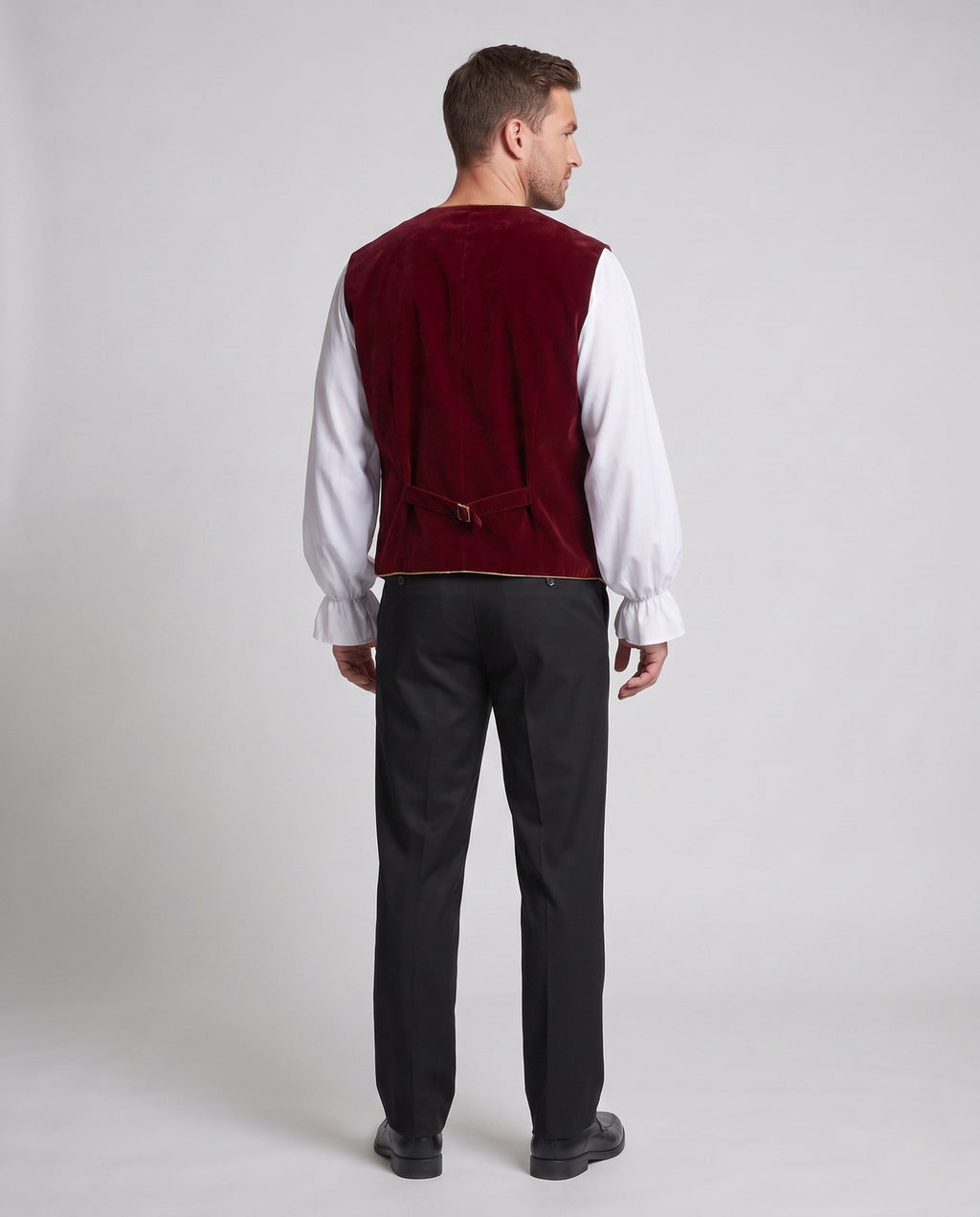 Men's red velvet double-breasted vest costume with gold piping and gold-tone buttons - view 3