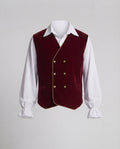 Men's red velvet double-breasted vest costume with gold piping and gold-tone buttons - view 4