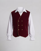 Men's red velvet double-breasted vest costume with gold piping and gold-tone buttons - view 4