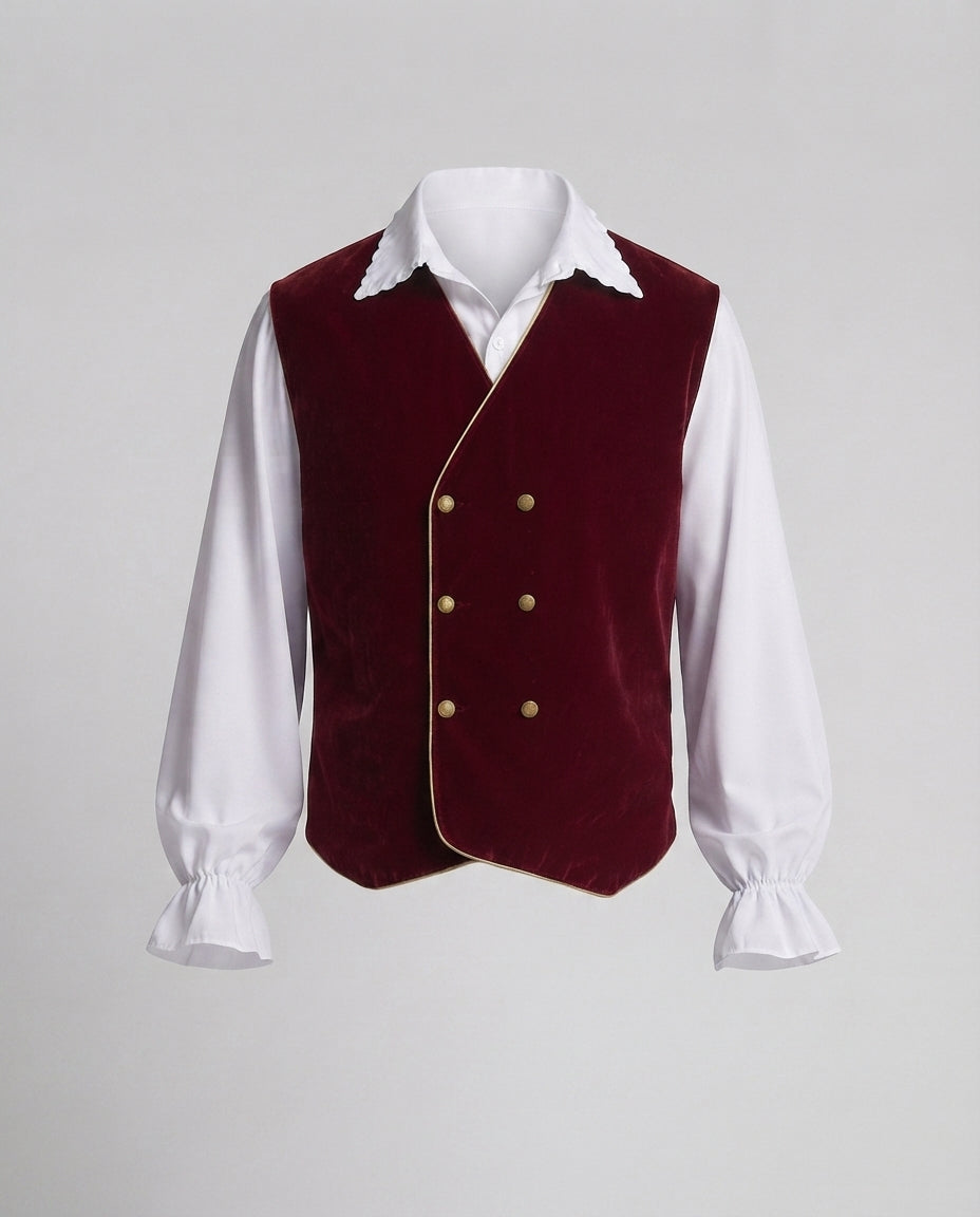 Men's red velvet double-breasted vest costume with gold piping and gold-tone buttons - view 4